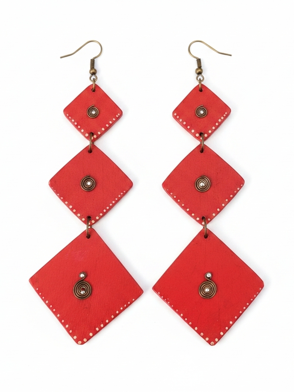 Red Triple Diamond Drop Earrings with Gold-Tone Accents